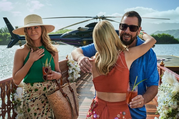 Netflix reveals look at adam sandlers murder mystery 2 but jennifer anistons jacket is all im focusing on