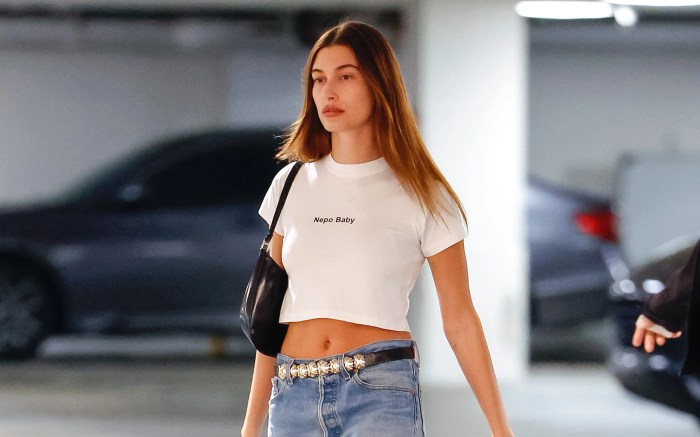 After hailey bieber stepped out in a nepo baby t shirt the internet is calling it a slay among other reactions