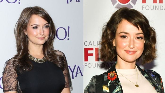 Atandts lily actress milana vayntrub ditches the sweater for a gorgeous dress