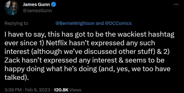 James gunn gives two reasons why the latest zack snyder fan hashtag is the wackiest