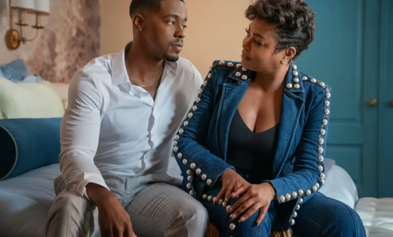 "A man in a white shirt and a woman in a blue embellished outfit sit together on a bed in a cozy, well-lit bedroom, engaged in a serious conversation."